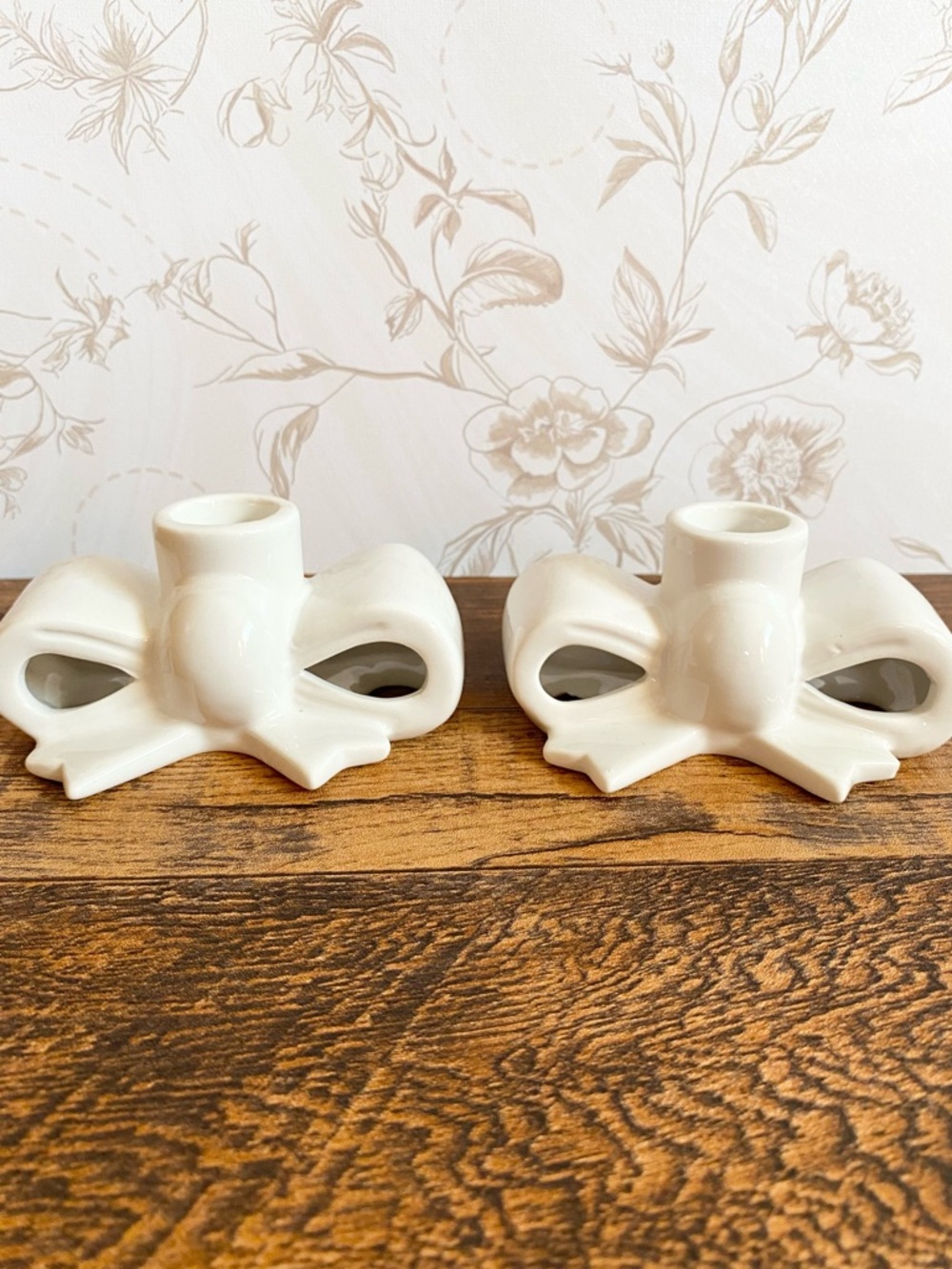 White Bow Taper Candle Holders Set of 2